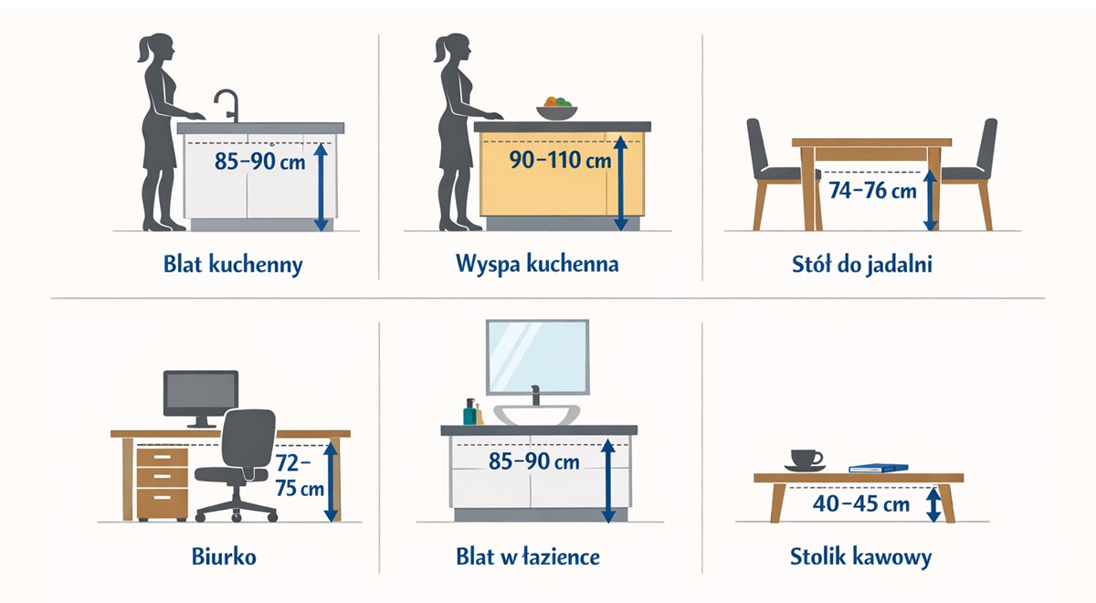Zestawienie wysokości stołów i blatów