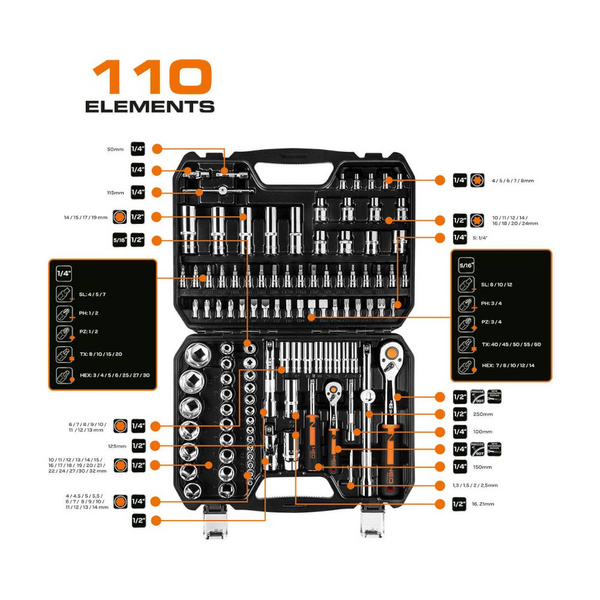 Zestaw kluczy nasadowych NEO Tools 10-066 1/4", 1/2" 110 szt.