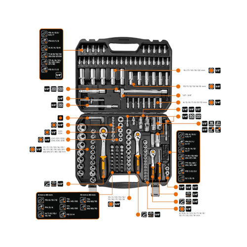 Klucze nasadowe NEO Tools 1/2", 3/8", 1/4" zestaw 182szt. 10-074