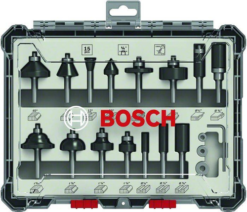 Mieszany zestaw frezów z trzpieniem 1/4", 15 szt. Bosch 2607017473