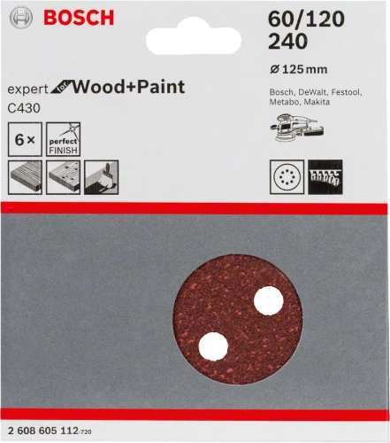 Papier ścierny Bosch C430, opakowanie 6 szt. P60, P120, P240 125 mm 2608605112