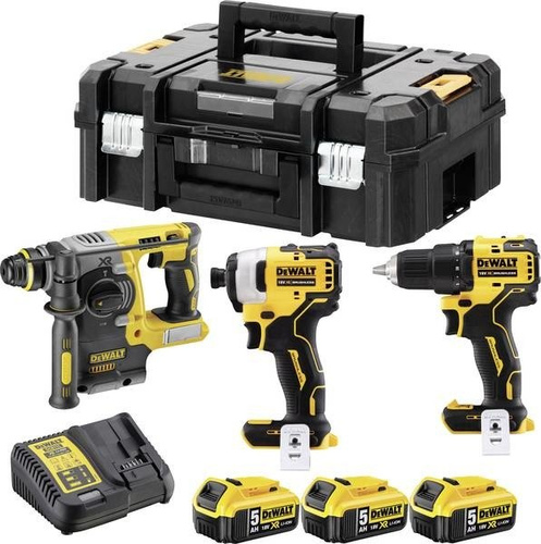 Zestaw wiertarko-wkrętarka + zakrętarka + młotowiertarka + 3 x akumulator + ładowarka + 2 x walizka, DCK377P3T Dewalt