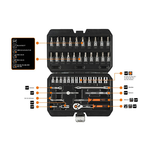 Klucze nasadowe NEO Tools 1/4'' zestaw 46szt. 10-004