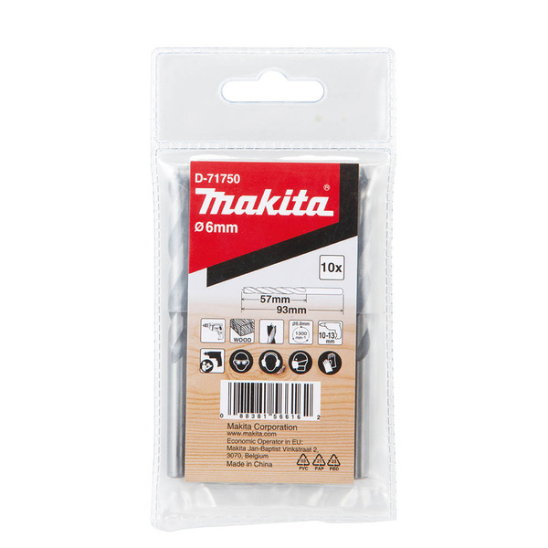 Zestaw 10 szt. wierteł do drewna 6 x 93 mm Makita D-71750
