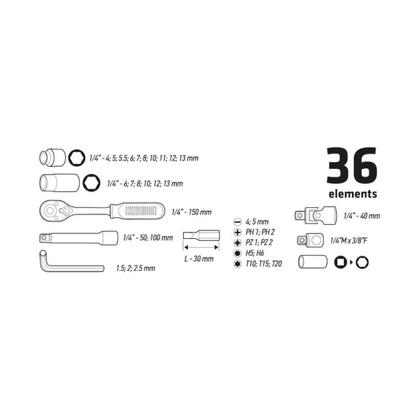 Klucze nasadowe Topex 1/4'' zestaw 36 szt. 38D669