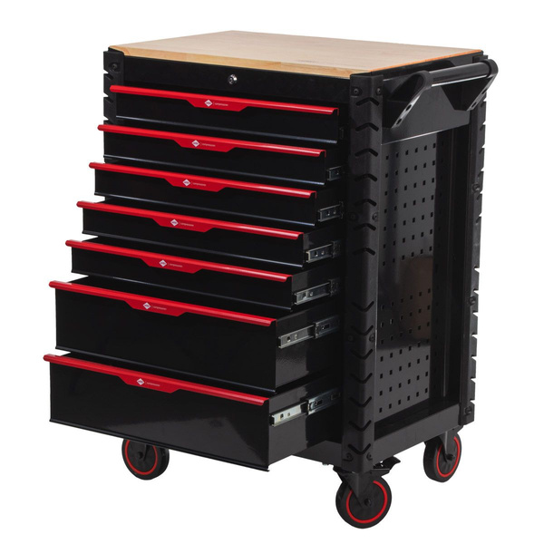 Wózek narzędziowy AIRPRESS 79169, z 7 szufladami, z 215 narzędziami oraz z drewnianym blatem