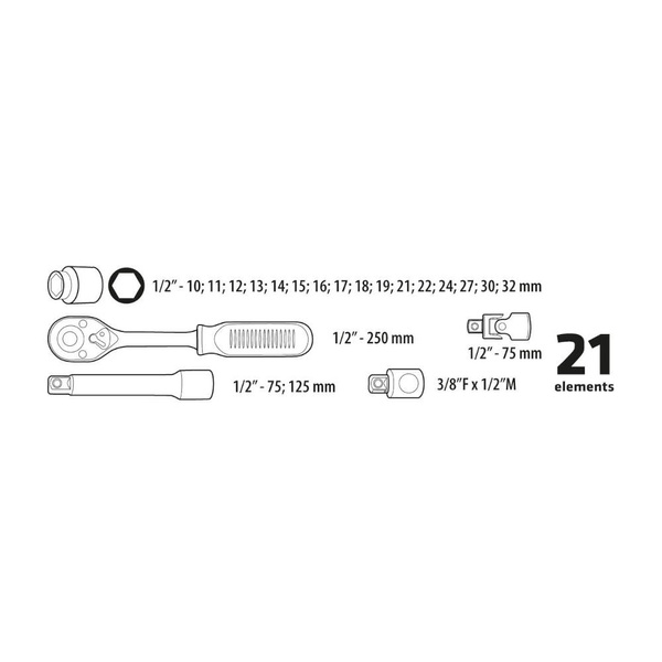 Klucze nasadowe Topex 1/2'' zestaw 21szt. 38D642