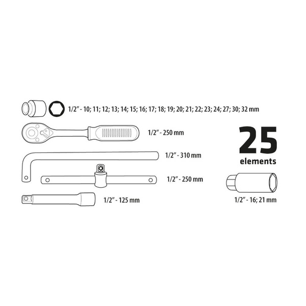 Klucze nasadowe 1/2'' Topex zestaw 25szt. 38D850
