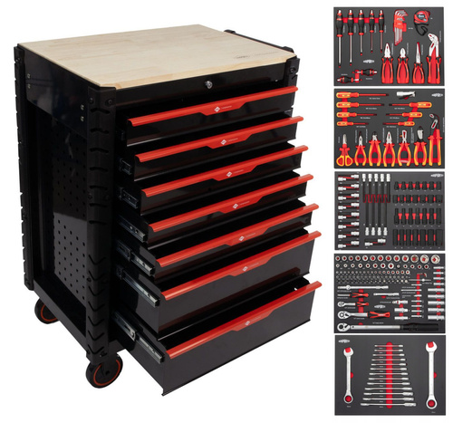 Wózek narzędziowy AIRPRESS 79169, z 7 szufladami, z 215 narzędziami oraz z drewnianym blatem