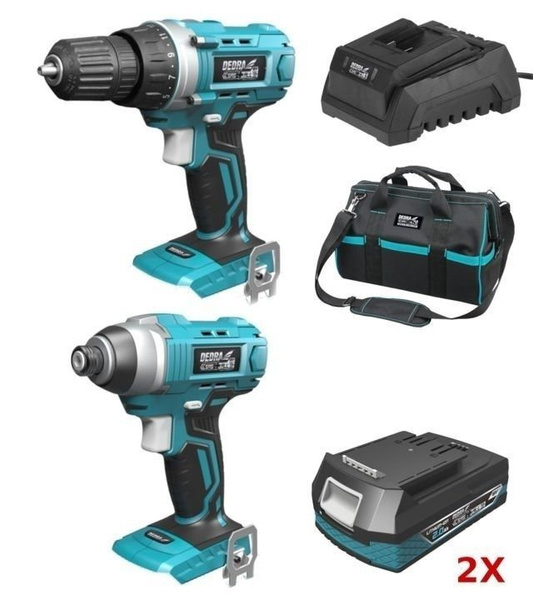 Akumulatorowa wiertarko-wkrętarka DED7040 + akumulatorowa zakrętarka DED7045 + 2 x akumulator 2,0 Ah + ładowarka + torba narzędziowa Dedra DED7014