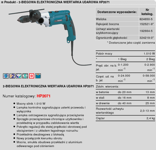 Makita HP2071J dwubiegowa wiertarka udarowa