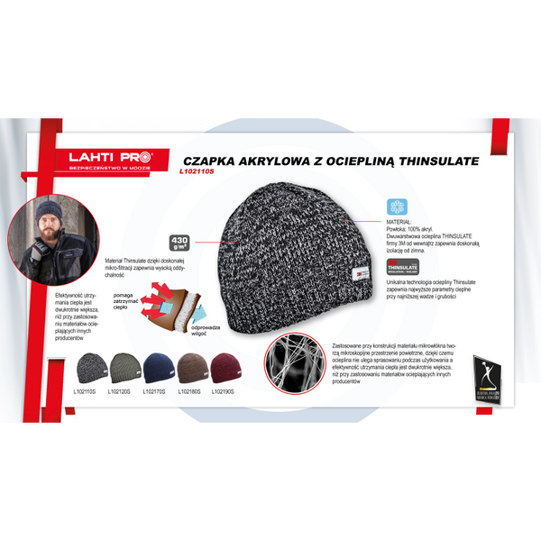 Czapka akrylowa, ocieplana czarna Lahti PRO L102110S
