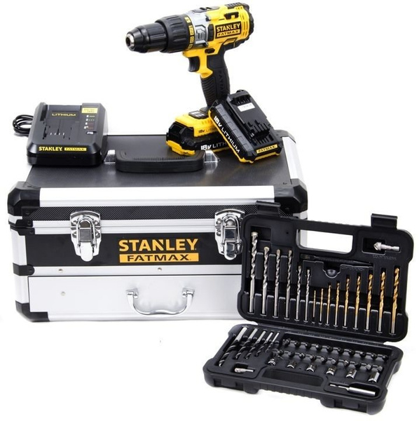 Akumulatorowa wiertarko-wkrętarka z udarem + zestaw akcesoriów 50 szt. Stanley Fatmax FMCK625D2F