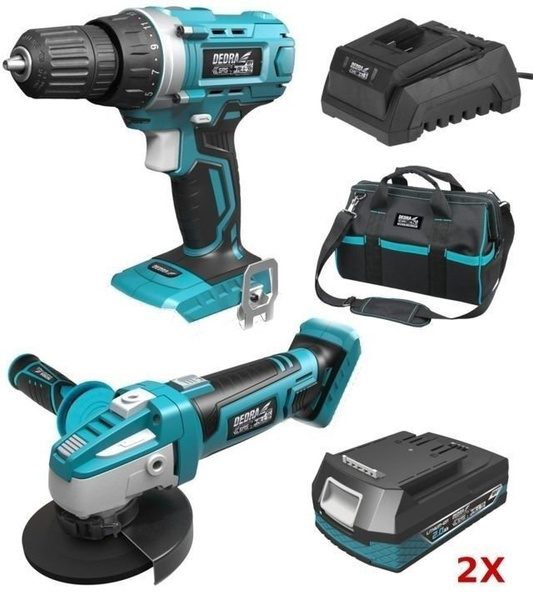 Akumulatorowa wiertarko-wkrętarka DED7040 + akumulatorowa szlifierka kątowa DED7050 + 2 x akumulator 2,0 Ah + ładowarka + torba Dedra DED7013
