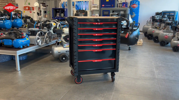 Wózek narzędziowy AIRPRESS 79169, z 7 szufladami, z 215 narzędziami oraz z drewnianym blatem