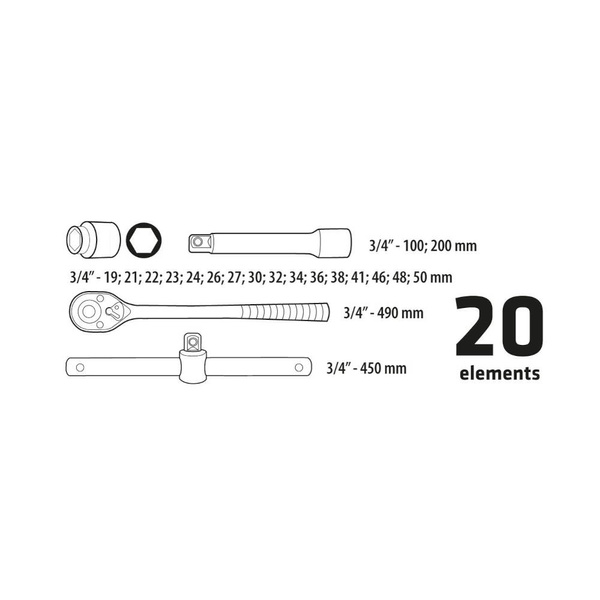 Klucze nasadowe Topex 3/4'' zestaw 20szt. 38D296
