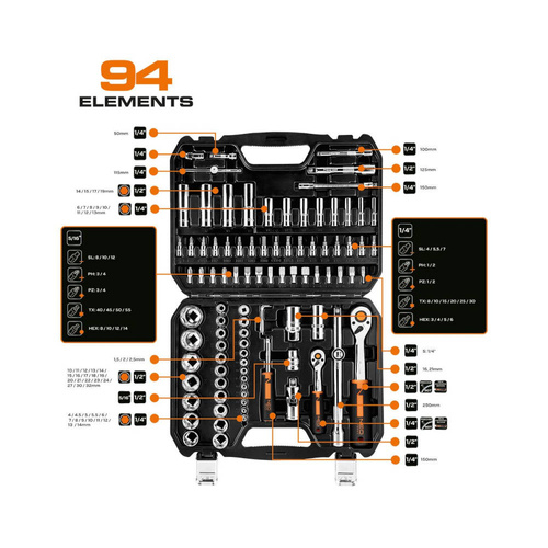 Zestaw kluczy nasadowych NEO Tools 10-062 1/4", 1/2" 94 szt.