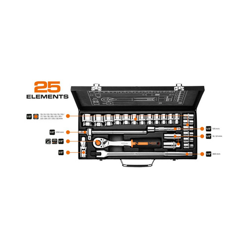 Klucze nasadowe NEO Tools 1/2" zestaw 25szt. 10-036