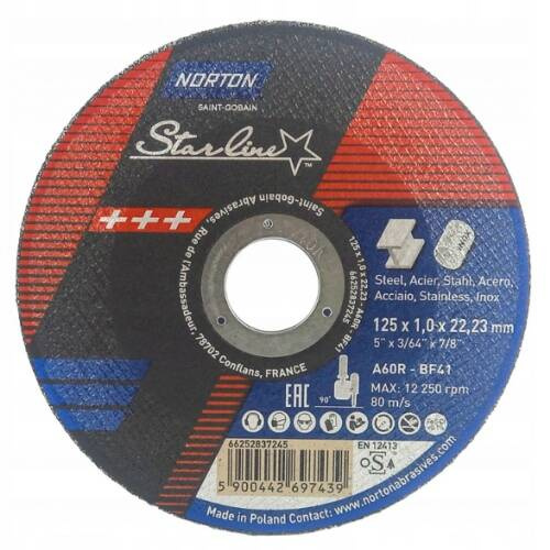 Zestaw 10 szt. tarcz do cięcia stali nierdzewnej 125x1x22,2 Norton Starline (66252837245)