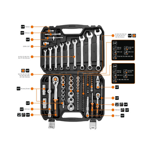 Klucze nasadowe NEO Tools 1/2", 1/4" zestaw 82szt. 10-059