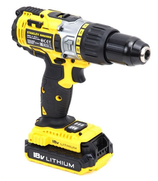 Akumulatorowa wiertarko-wkrętarka z udarem + zestaw akcesoriów 50 szt. Stanley Fatmax FMCK625D2F