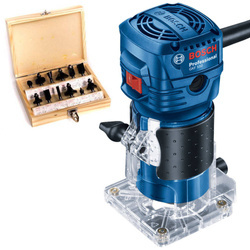 Frezarka górnowrzecionowa Bosch GKF 550 + zestaw frezów HIKOKI