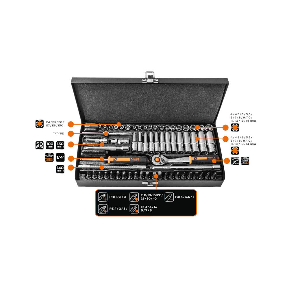 Klucze nasadowe NEO Tools 1/4 zestaw 63szt. 10-008