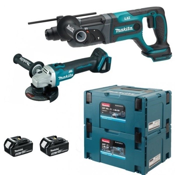 Zestaw Makita DLX2153TJ1 Szlifierka DGA504 + młotowiertarka DHR241 2x5 Ah Makpac