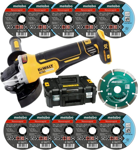 Zestaw szlifierka kątowa DeWalt DCG406NT + 10 tarcz Metabo Novorapid + Tarcza diamentowa Makita